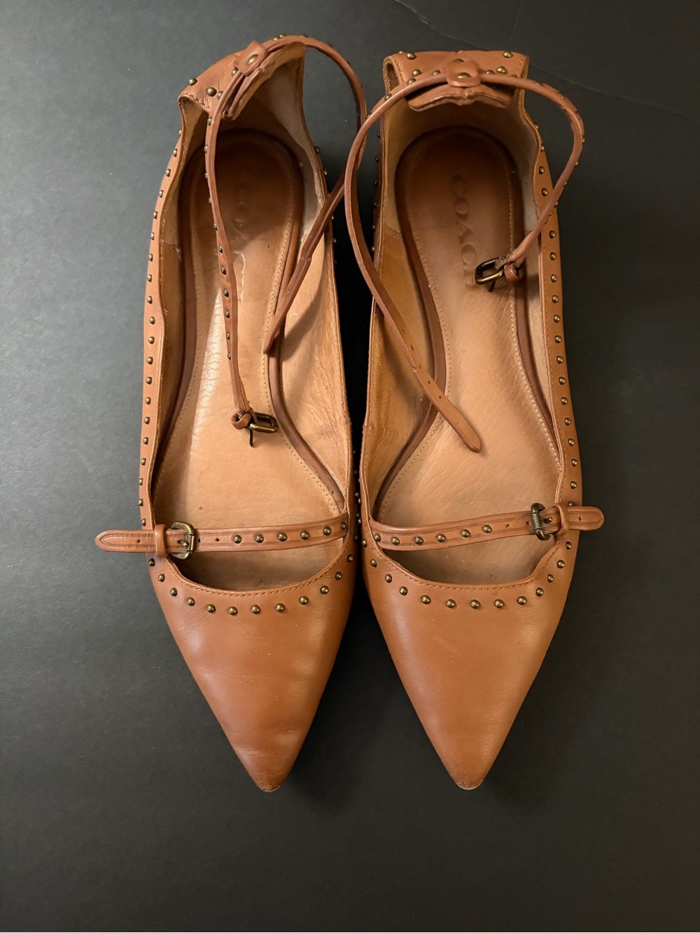 Coach Brown Leather Pointed-Toe Studded Flats with Ankle Straps